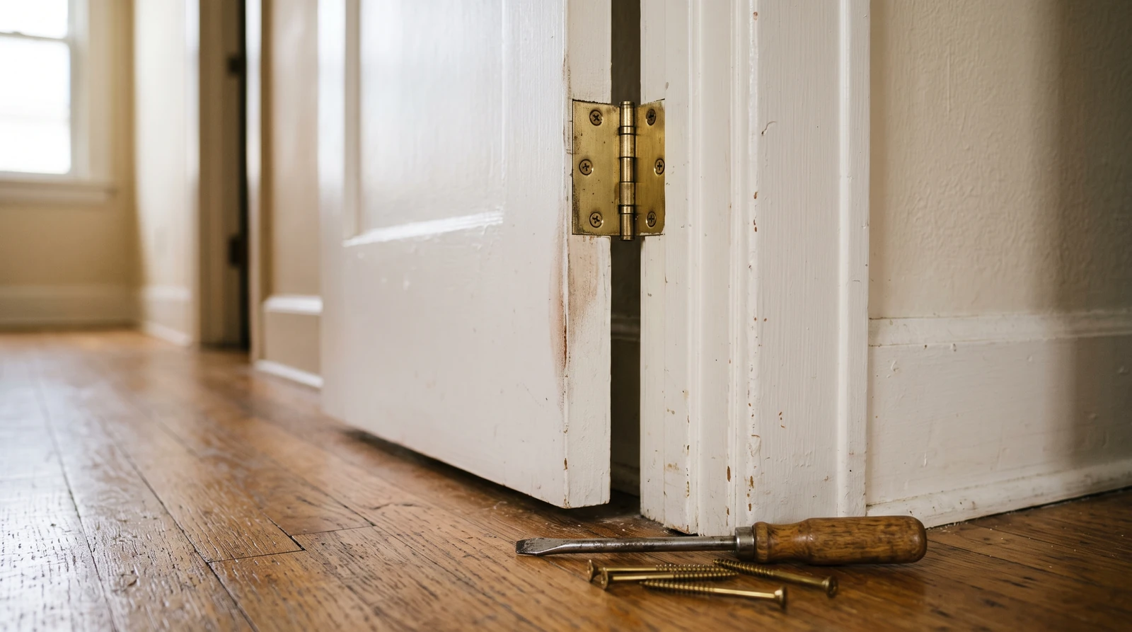 Close-up of the edge of a white interior door with a brass hinge and its screws, a screwdriver resting on the floor below in soft window light
