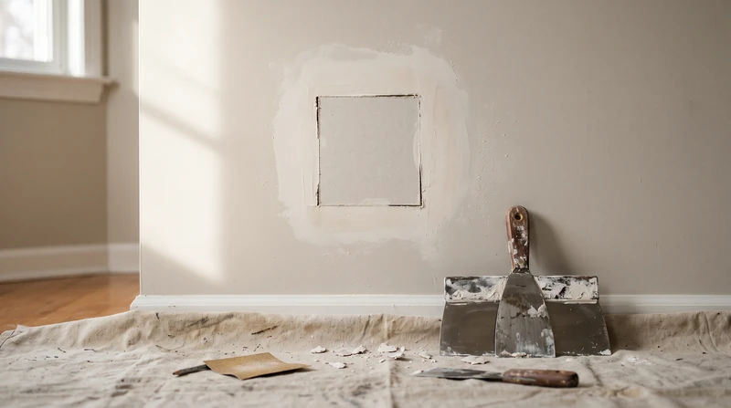 A square drywall patch on a painted interior wall with fresh joint compound feathered around its edges, a taping knife resting on a compound pan on a drop cloth below