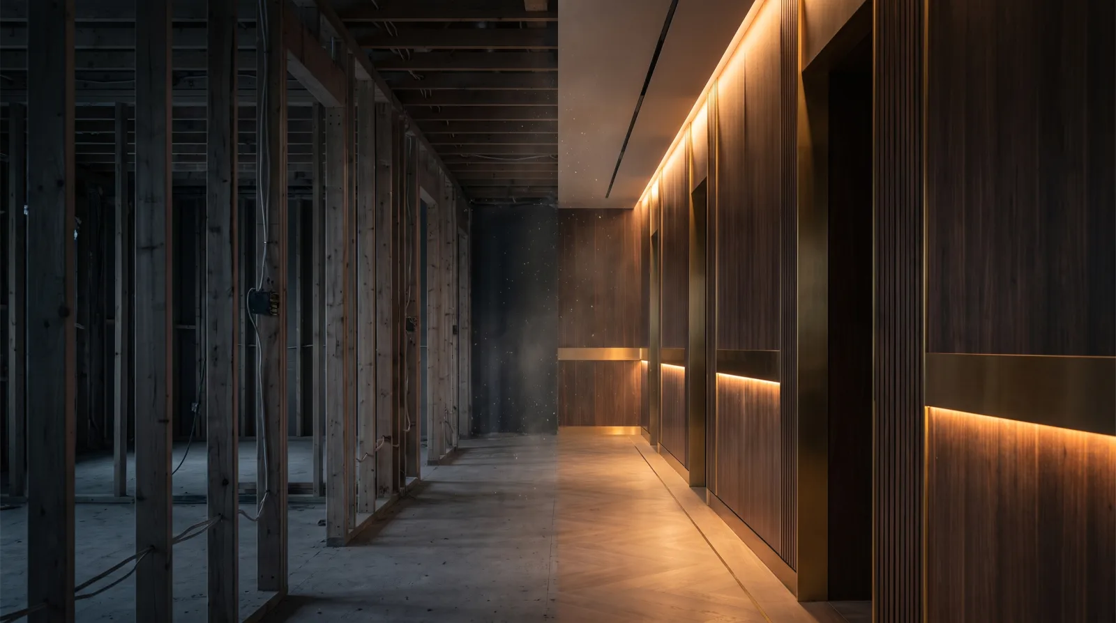A hallway split between raw exposed framing and a fully finished renovated interior