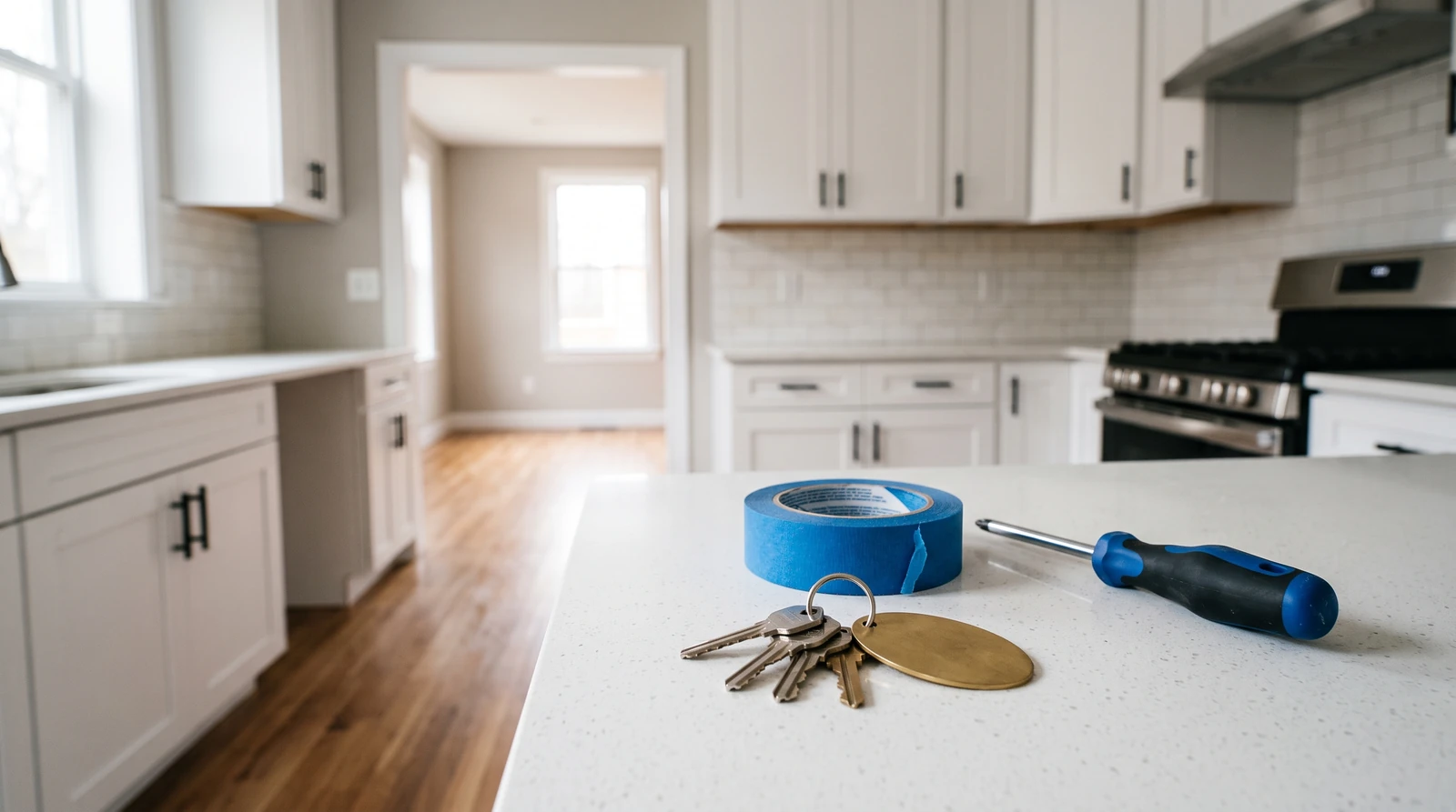 A ring of house keys on a kitchen counter in an empty apartment beside a roll of painter's tape and a screwdriver