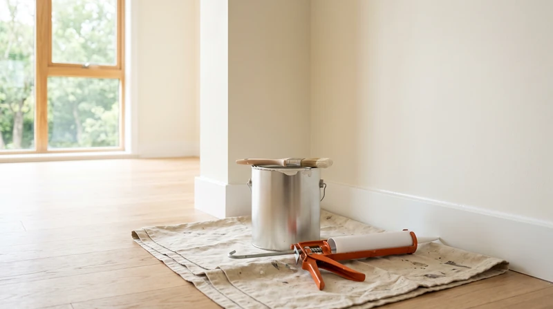 A freshly painted room corner with clean white baseboards, a paint can with a brush across its rim and a caulk gun resting on a canvas drop cloth