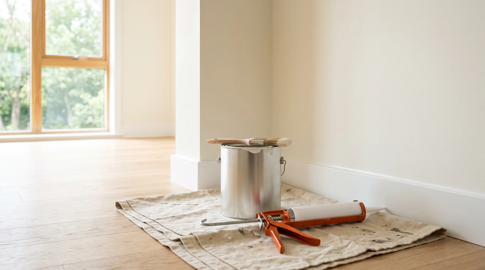 A freshly painted room corner with clean white baseboards, a paint can with a brush across its rim and a caulk gun resting on a canvas drop cloth