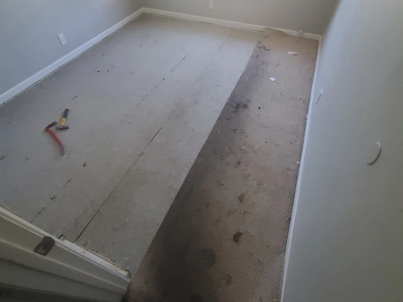Before: Empty room stripped down to a bare, stained subfloor